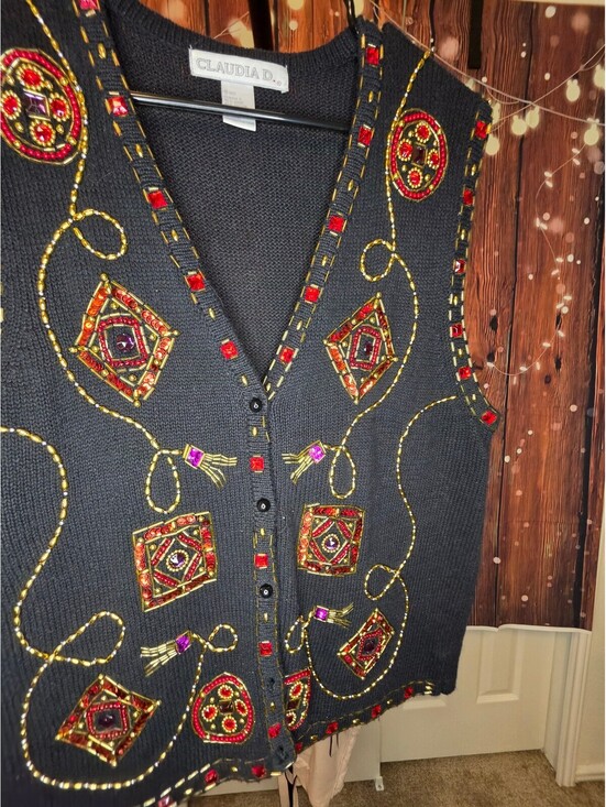 Jackets & Blazers - Claudia D. Embellished Black Knit Vest, Size Large